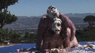 Couple covered in pies fucking outdoors