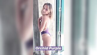 Ella Kernkamp in a purple one-piece